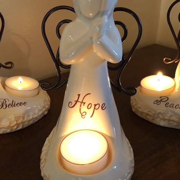 ✨SALE Set of 3 Angel Porcelain tea light Candle Holders Believe Hope Peace NIB - Picture 4 of 12